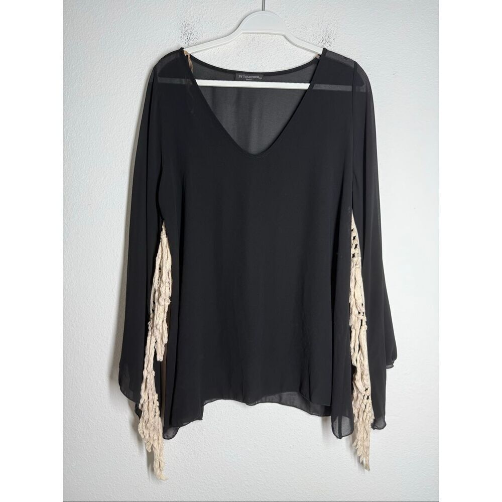 By Together You & I Sheer Bohemian Blouse Tunic Tassels Trim Size L Made in USA
